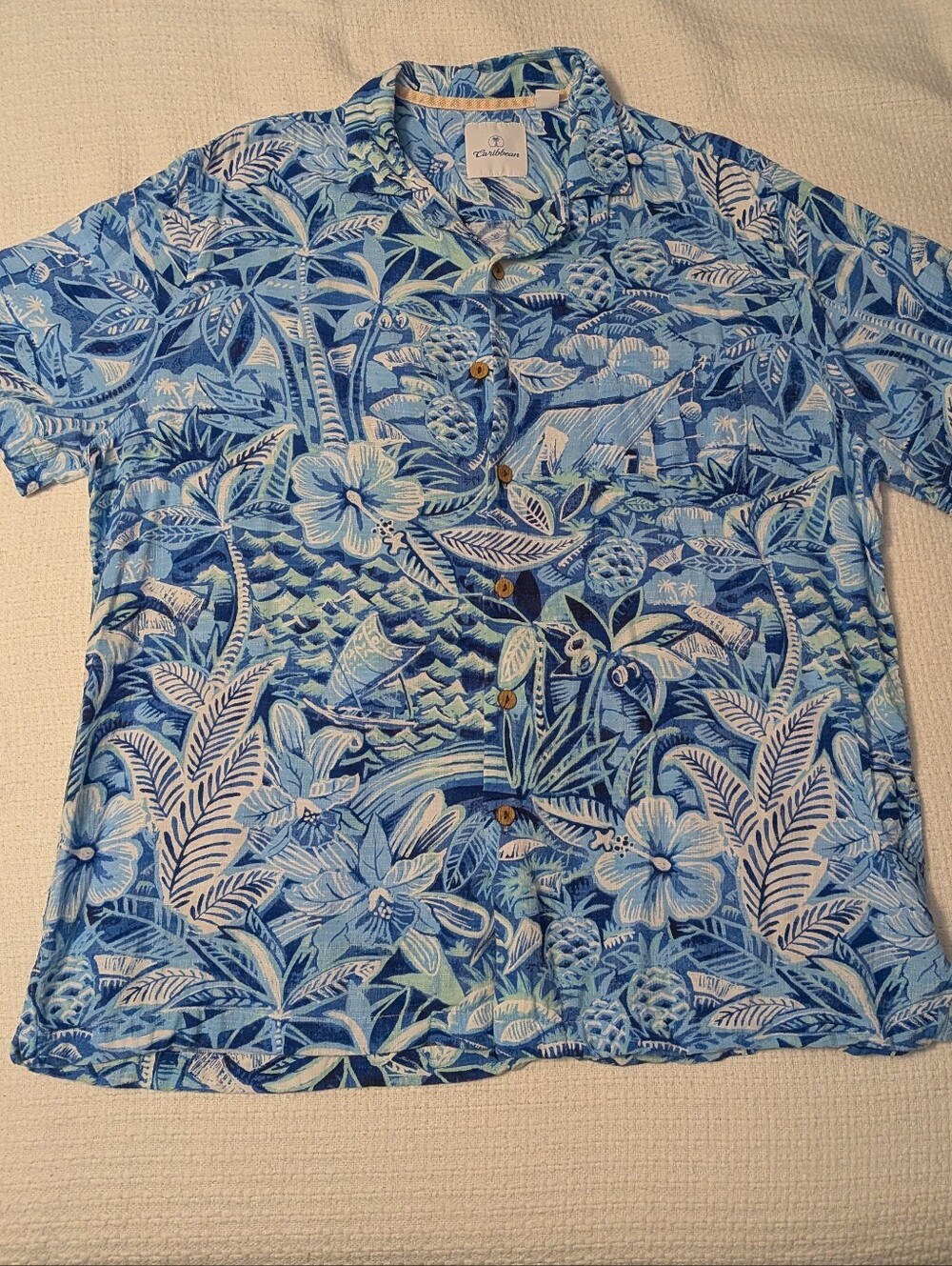 Caribbean Blue and White Tropical Print Aloha Shirt